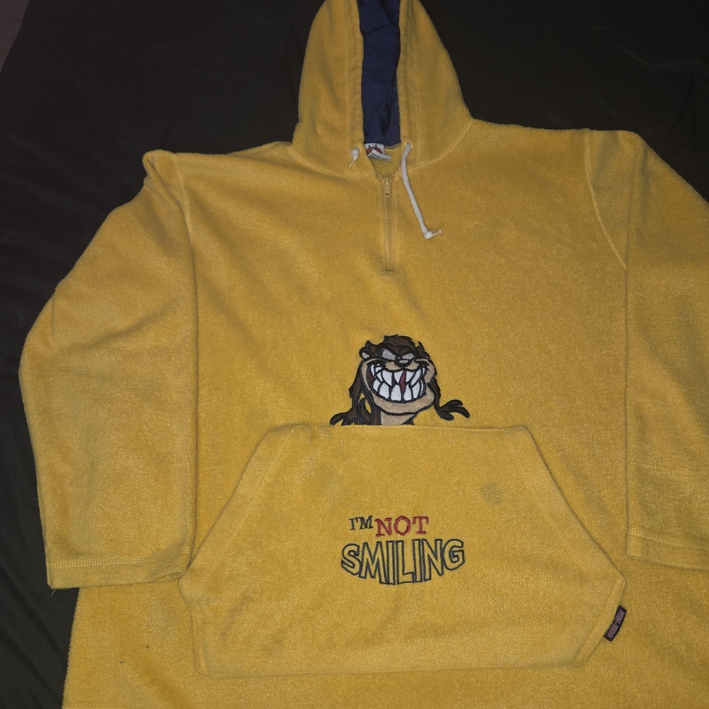 Vintage Looney Tunes Tasmanian Devil Hoodie Yellow Quarter Zip Embroider